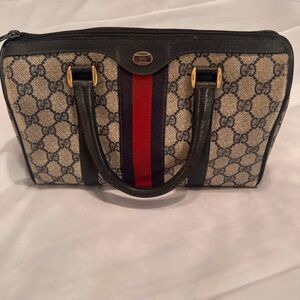 Vintage Gucci GG Monogram Navy & Red Web Stripe Boston Bag